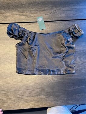 wild fable Black Satin Off-Shoulder Puff Sleeve Crop Top